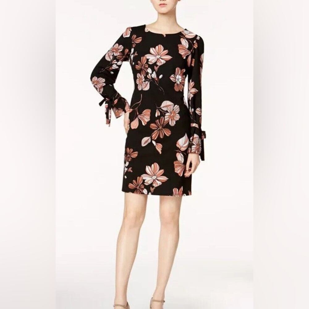 Nine West Black Floral Print Long Sleeve Knee Length Dress